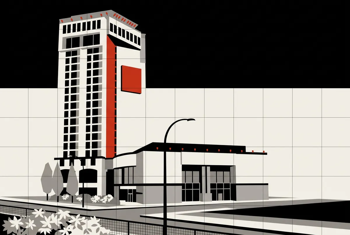 Grand Villa hotel tower with its light band