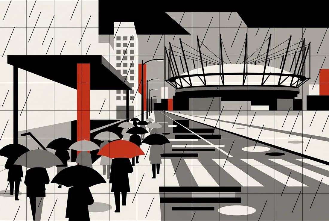 Crowd with umbrellas passing the stadium in the rain